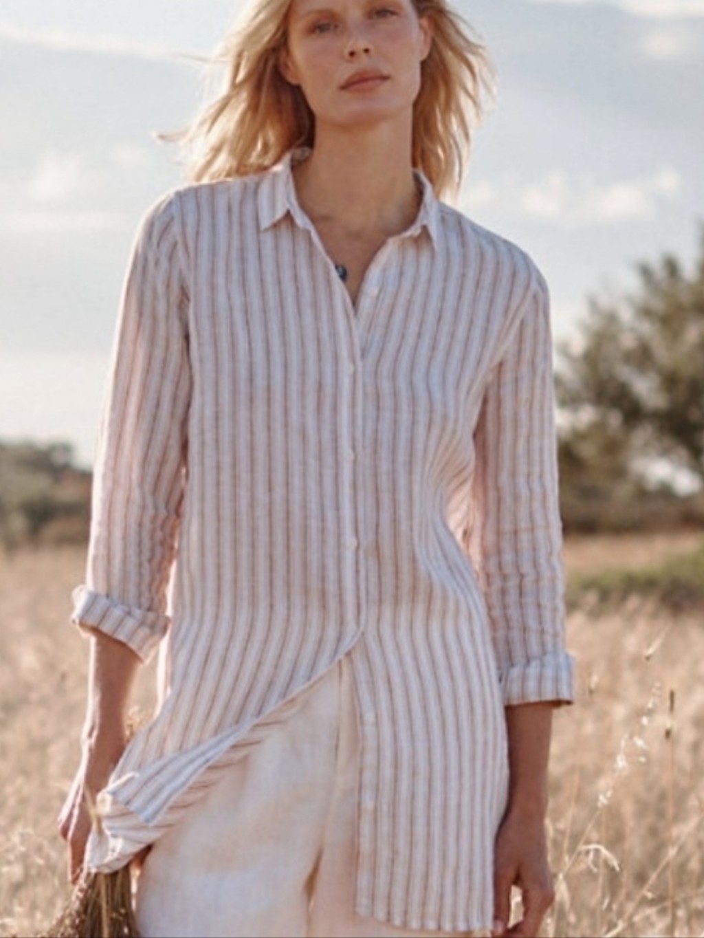 100% Linen Shirt Stripe Beige Tunic Boho Farm Top Large Cottage Lagenlook New